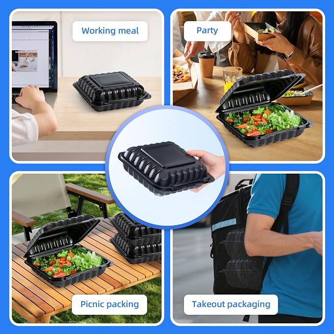 YANGRUI 55-Pack 34oz 8" Square To Go Container - Shrink Wrapped No Pre-Wash | Heavy Duty Mineral PP, Microwave & Freezer Safe | Leak-Resistant Hinged Clamshell for Leftovers, Family Gatherings & Parties