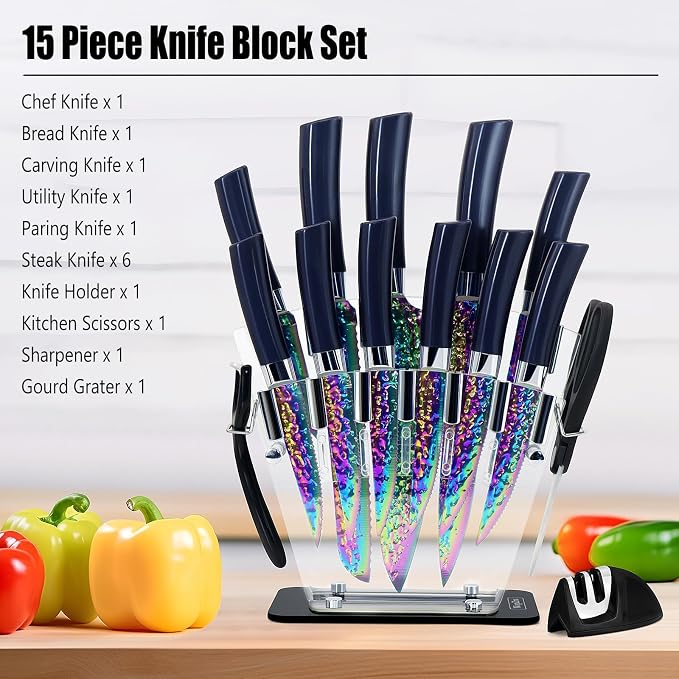 15pcs Blue Kitchen Knife Set, Rainbow Titanium Knife Block Set, High Carbon Stainless Steel Knives Set for Kitchen, Professional Chef Knife Sets for Kitchen with Sharpener Acrylic Block, Best Gift