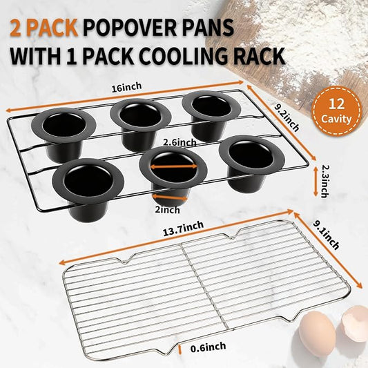 Nonstick Popover Pans, 2Pack Popover Baking Pans with Cooling Rack, 12-Cavity Pop Over & Yorkshire Pudding Pan, Individual Cups for Even Heating, Versatile for Cupcakes, Muffins, Brioche, Carbon Steel