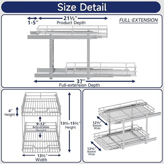 2-Tier Pull Out Cabinet Organizer, 13.5" W x 21.5" D, Heavy Duty Dual Slide Out Shelves for Base Cabinets, Chrome Wire Basket Drawer for Pantry, Kitchen & Bathroom Storage