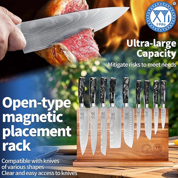 XYJ Authentic Since 1986,Knife Block Set,Professional Japanese Style Chef Knives Set with Block,Scissors,Sharpener Rod,Cutting Board,Gloves,Stainless Steel Steak Paring Bread Santoku Kitchen Knives