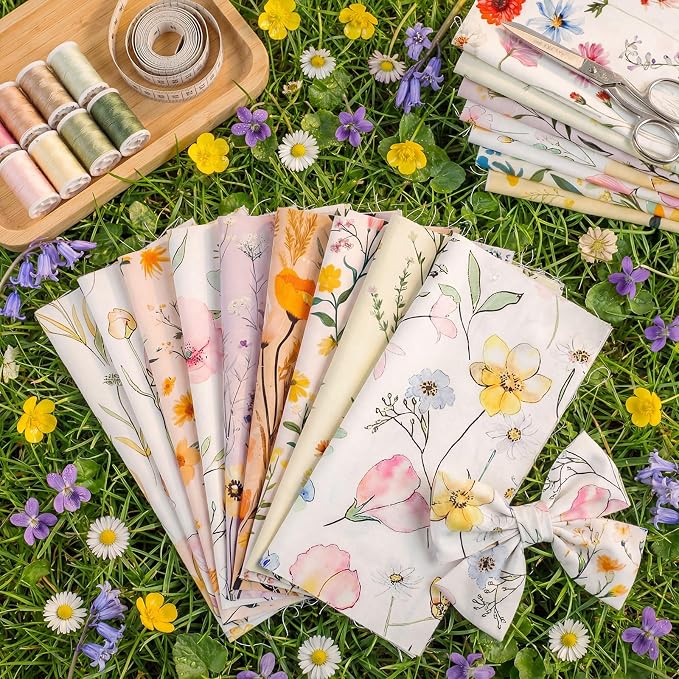 Tatuo 30 Pieces 10 x 10 Inches Summer Wildflower Cotton Fabric Bundle Squares Patchwork Floral Fabric Sewing Quilting Bundles Assorted Pattern Cloth for DIY Scrapbook Craft Making