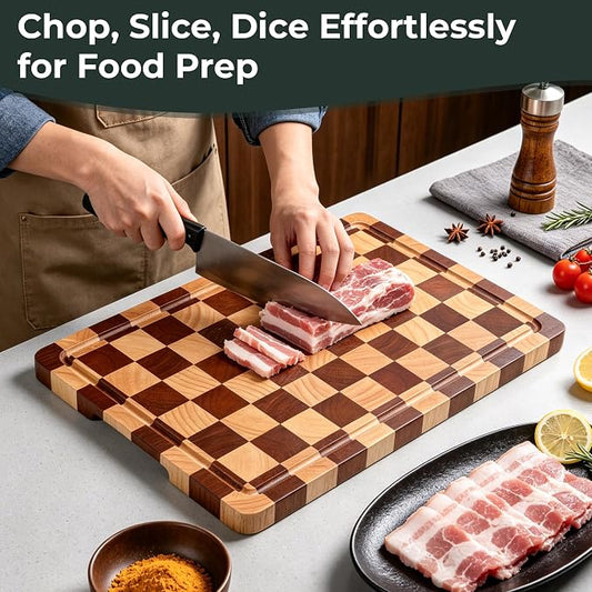 WILLKOMMEN Checkered Cutting Board for Kitchenโ Wood Checkerboard Chopping Board Wooden Checker End Grain Cooking Board with Juice Groove & Handle Serving Board for Meat,Fruit,Bread,Vegetable