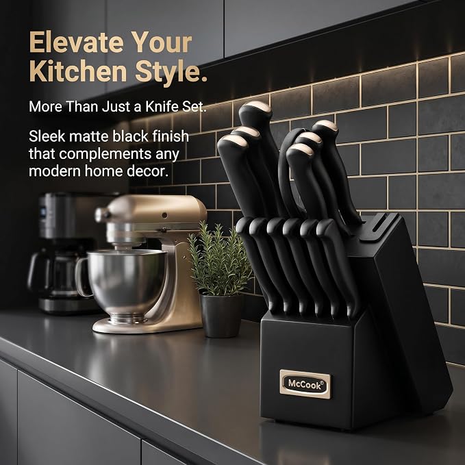 McCook® Knife Sets,German Stainless Steel Knife Block Sets with Built-in Sharpener, 15-Piece Razor-Sharp Kitchen Knives with Ergonomic Handles, Elegant Box for Gift, Black