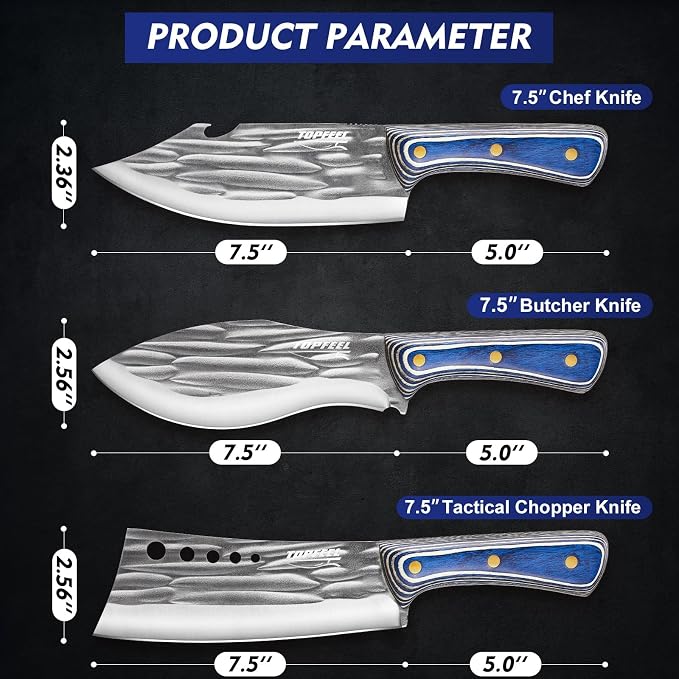 3PCS Butcher Knife Set for Meat Cutting, Hand Forged Professional Chef Knife Set Meat Cleaver Boning Knife for Home, Outdoor Cooking, Camping BBQ Gift Idea Men