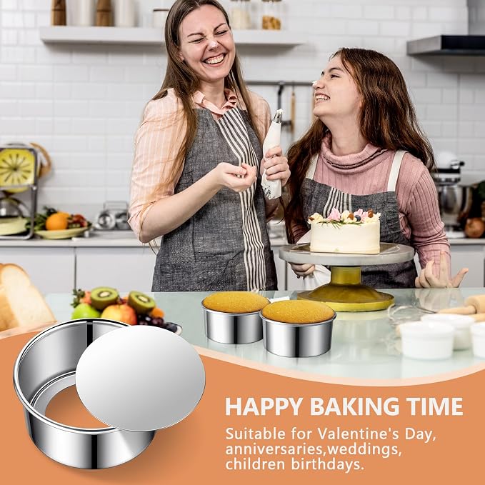 4 Inch Cake Pan Set of 4, Removable Bottom & Easy Releasing Mini Cake Pan, Leakproof & Nonstick Round Cake Pan, 304 Stainless Steel Small Cake Baking Pans, Non-Toxic & Healthy