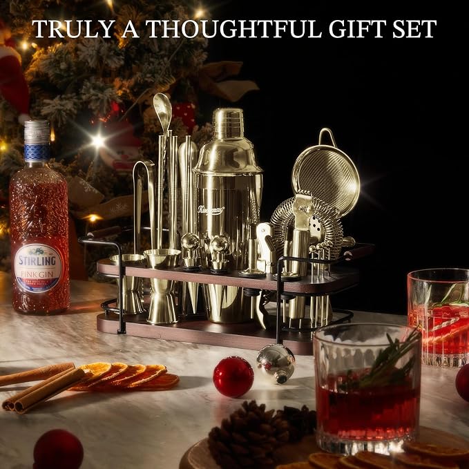 KITESSENSU Cocktail Shaker Set Bartender Kit with Stand | Complete 24-Piece Bar Set Cocktail Kit with All Bar Accessories, Gold
