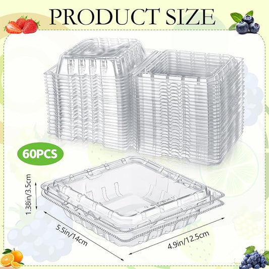 Baderke 60 Pcs Plastic Berry Basket with Clamshell Lids Clear Plastic Disposable Containers Fruit Produce Saver Containers for Blueberries Raspberries Blackberries Strawberries Cherry Tomatoes