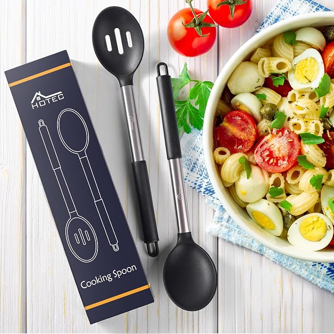 HOTEC 446°F Heat Resistant Large Silicone Cooking Spoon, BPA Free Solid Slotted Spoons, Nonstick Kitchen Cookware Utensils, Mixing, Serving, Stiring Large Spoons, Black