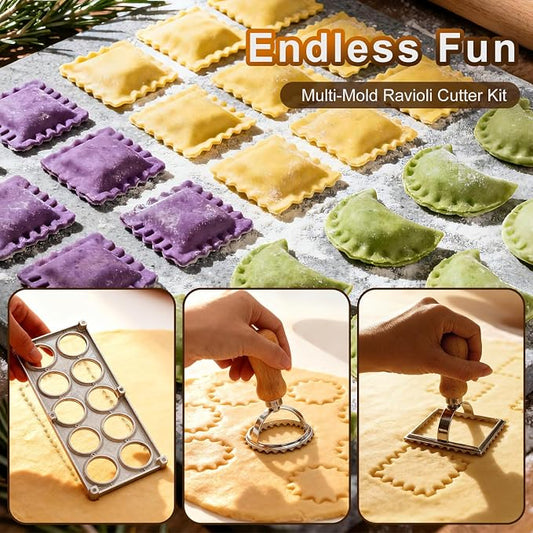 Ravioli Cutter Set - 10 Pieces Ravioli Press Mold, Round & Square Ravioli Stamp, Ravioli Cutter Wheel, Wood Rolling Pin, Pasta Making Kit for Ravioli Mold