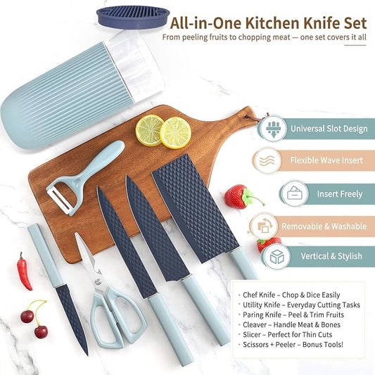 Knife Set, 7-Piece Kitchen Knife Set with Sharp Chef and Meat Knives, Anti-Rust Utility Knives Set for Kitchen, Kitchen Knife Block Set(Blue)