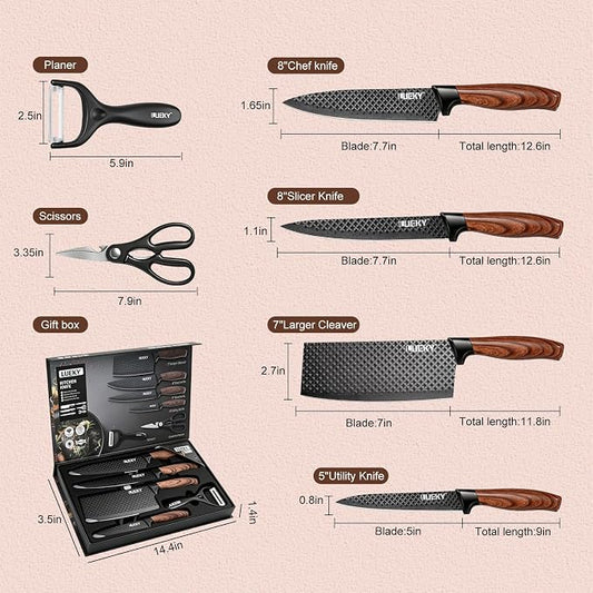 Knife Set, 6 Pieces Kitchen knife Set with Healthy Anti-Rust Coating, Stainless Steel Professional Chef Knife Sets with Elegant Box, Kitchen Knives with Scissors & Peeler for Cooking, Dishwasher Safe