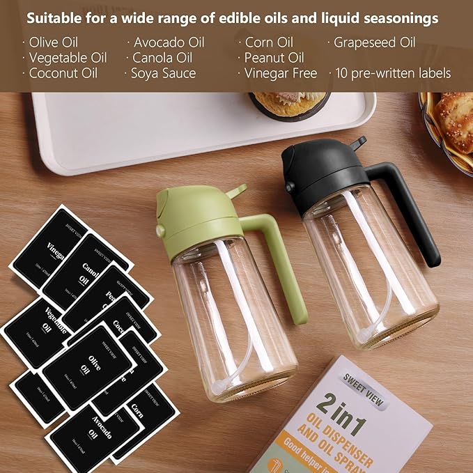 SWEET VIEW 2PCS Oil Sprayer for Cooking, 16oz/470ml Glass Oil Dispenser/Pour Bottle, Kitchen Accessories, Kitchen Gadgets for Air Fryer, Salad, BBQ, with Stickers (Green,White)