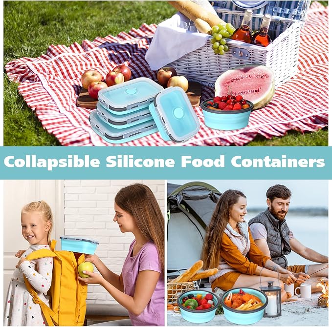 Mimorou 8 Pcs Collapsible Food Storage Containers Foldable Silicone Lunch Containers with Lids 4 Silicone Rectangle Collapsible Bowls and 4 Round Food Bowls Microwave Freezer Dishwasher Safe (Blue)