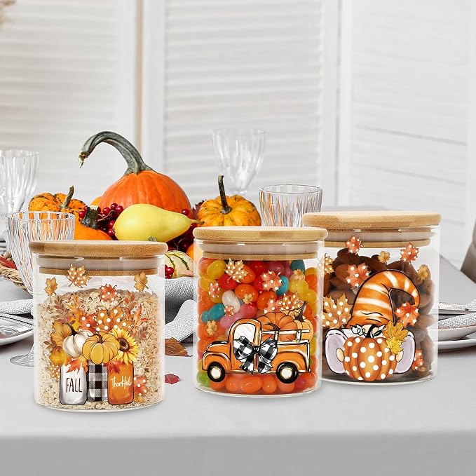 JarThenaAMCS 3Pcs Fall Glass Storage Jars with Airtight Lid Orange Pumpkin Autumn Gnome Truck Clear Food Storage Canisters Sets for Harvest Thanksgiving Home Kitchen Countertop Decoration