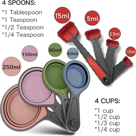 Collapsible Silicone Soft Measuring Cups and Measuring Spoons,8 pieces Portable Food Grade Silicone Cup for Liquid & Dry Measuring Baking &Utensils & Travel Measuring Cup,space saver (Pink)