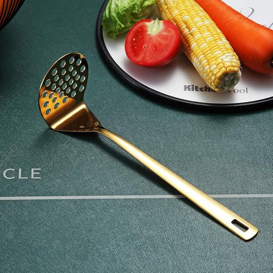 Gold Potato Masher, Berglander Heavy Duty Metal Potato Ricer Stainless Steel With Titanium Gold Plating, Food Utensil Hand, Vegetables Fruits Mashe, Dishwasher Safe, Easy to Clean