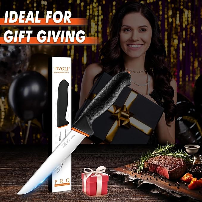 TIVOLI 6 Inch Straight Boning Knife - Breaking Butcher Knife with Ergonomic Non-Slip Softgrip & German Stainless Steel Razor Sharp Blade For Meat or Fish Deboning Filleting - Gift for Men