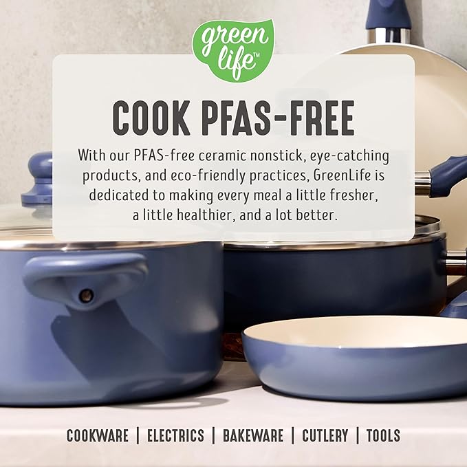 GreenLife 2 Quart Nonstick Saucepan with Lid, Non-Toxic Ceramic Pot, Dishwasher Safe, Stay-Cool Handle, Induction Ready, Fast Heating, PFAS Free, Easy Clean, Slate Blue