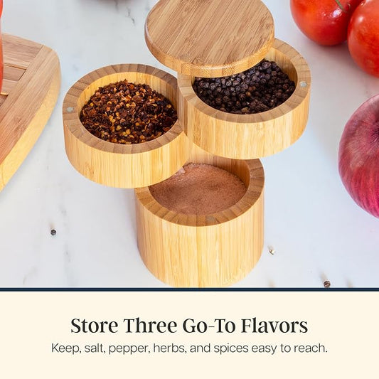 Totally Bamboo Triple Salt Cellar, 3 Tier Bamboo Salt and Pepper Container with Magnetic Swivel Lids, Seasoning Box for Herbs and Spices, 1⅓ Cup