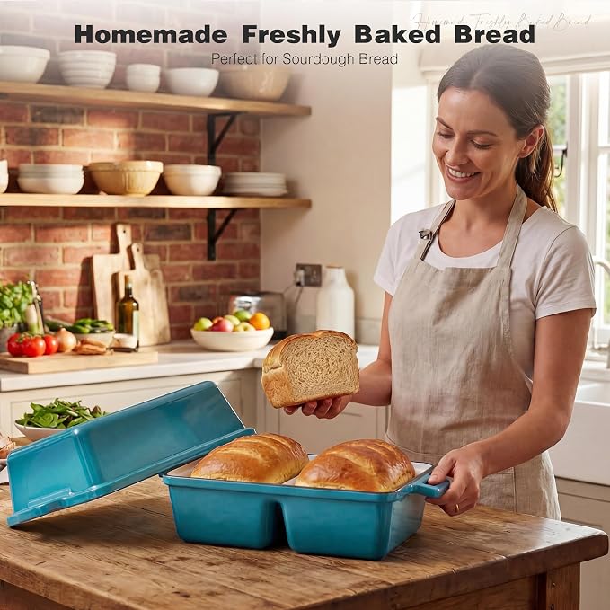 Double Dutch Oven for Sourdough Bread Baking,Enameled Cast Iron Dutch Oven with Lid,Double-Chamber Square Mini Sourdough Loaf Pan for Homemade Bread,Light Blue(Patent Has Been Applied for)
