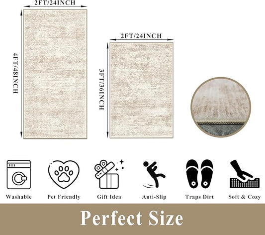 Kitchen Rugs Sets of 2, Washable Non-Slip Kitchen Mats for Floor, Stain Resistant Kitchen Runner Rugs for Kitchen Sink Laundry Entryway (Cream Beige, 2x3+2x4)