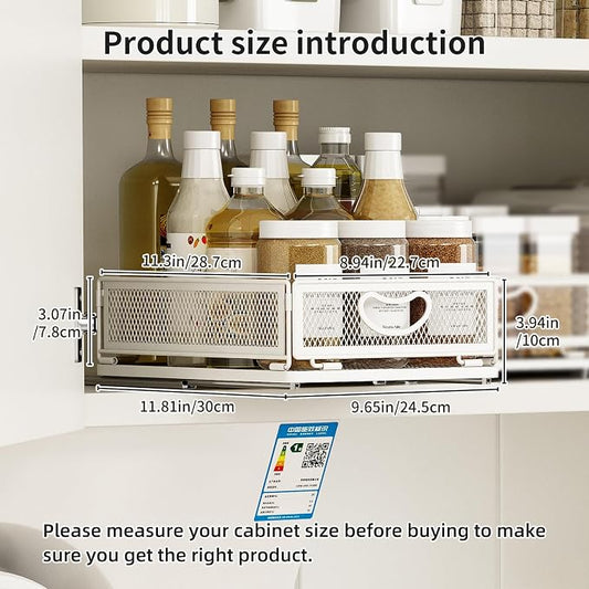 2 Pack Pull Out Cabinet Organizer, No Drill Adhesive Sliding Drawers for Kitchen, Metal Mesh Wire Storage Shelf for Pantry & Under Sink, White (9.6" W x 11.8" D x 3.9" H)