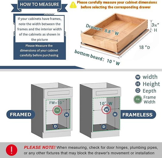 Pull Out Cabinet Drawers - 9x2 Size Options (10-29'W,18-21'D), Pre-Assembled with Soft Close Slides, Solid Beechwood, Easy Installation(10'W x 18'D)