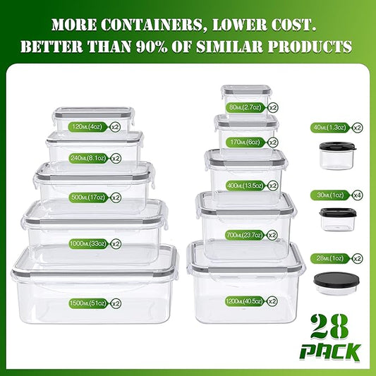 RockBerry 56 PCS Food Storage Containers with Lids Airtight- Plastic Container for Pantry Kitchen Organization-Microwave Dishwasher,Freezer Safe 100% Leak Proof (28 Stackable Boxes-28 Lids)