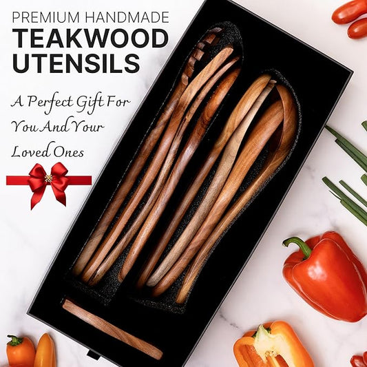 Wooden Kitchen Utensil Set, 9-Piece Teak Wood Cooking Spoons-Heat-Resistant, Non-Scratch, Durable Kitchen Tools, Perfect Cooking Gift