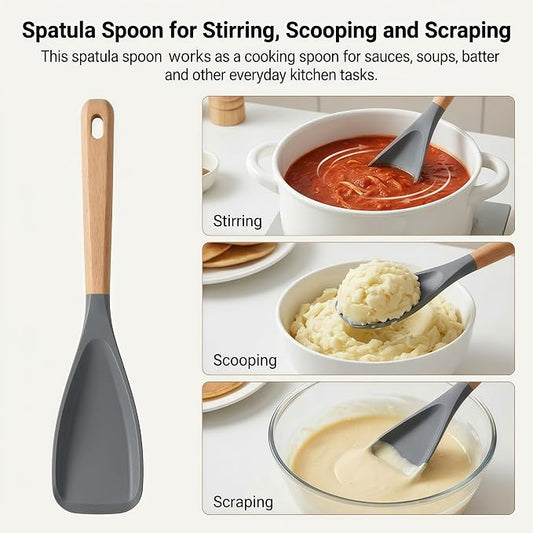 Silicone Spoon Spatula for Cooking, Flexible Spoon for Stirring, Scooping and Scraping, Safe for Nonstick Cookware,Grey