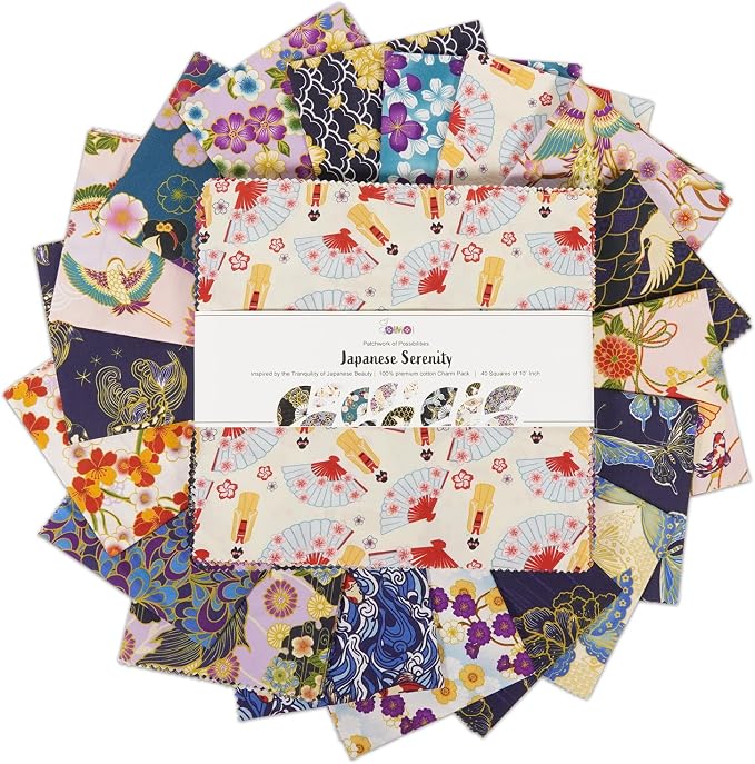 Soimoi 40 Pcs 5 x 5 inches Quilting Fabric Bundles Precut, DIY Cotton Fabric Squares, Printed Layer Cakes Patchwork Materials for Crafts Cloths Decor,Charm Squares for Quilts,Sewing- Japanese Elegance