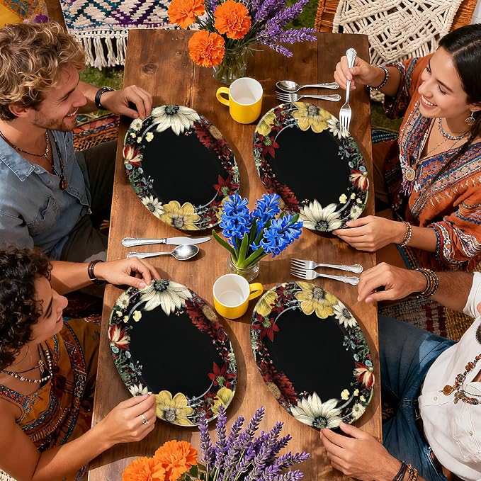 50Pcs Boho Flower Oval Paper Plates 10" x 12" Large Disposable Heavy Duty Black Vintage Floral Dessert Platters for SummerTropical Night Birthday Wedding Bridal Shower Tea BBQ Party Decorations