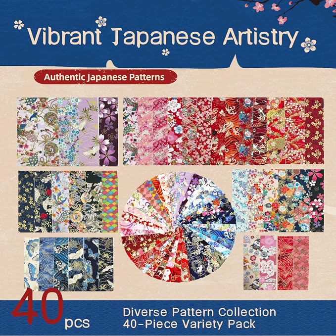 Heavyweight 100% Cotton Fabric Pack, 40 Pcs Japanese Style Precut Strips | 2.6x19.7 Inches for Quilting, Sewing & DIY Projects