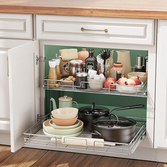 LOVMOR 2 Tier Individual Pull Out Cabinet Organizer 27" W x 21ยฝ" D, Slide Out Kitchen Cabinet Storage Sliding Shelves