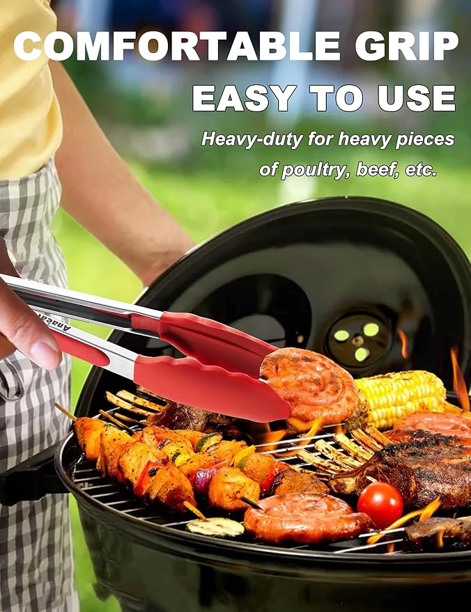 Anaeat Non-Stick Silicone Locking Tong Set of 3 - Stainless Steel 7", 9" and 12" Kitchen Food Tongs with Non-Slip Silicone Tips and Grip for Cooking, Baking and BBQ - Heat Resistant up to 480°F (Red)