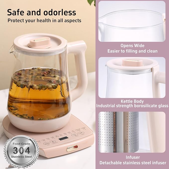 Health Pot Electric Kettle with Infuser,Smart Fruit Hot Tea Maker, Temperature Control and Tea Keep Warm, 12 Functional Procedures, 1.8 Liters of Capacity(pink)
