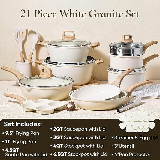 CAROTE Pots and Pans Set, Nonstick Cookware Sets, 21pcs Induction Cookware Kitchen Set Non Stick Cooking Set w/Frying Pans & Saucepans (PFOS, PFOA Free)