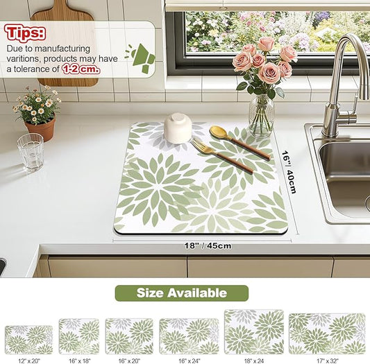 Findosom Floral Dish Drying Mat, 16" x 18" Super Absorbent & Hide Stain Coffee Mat, Cuttable Drying Mat for Kitchen Counter, Under Dish Rack, Coffee Maker, Espresso Machine, Sage Green
