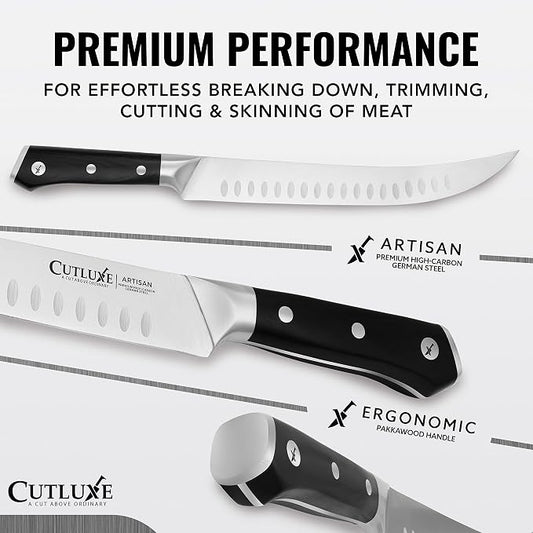 Cutluxe Butcher Knife – 10″ Cimeter Breaking Knife for BBQ & Brisket, Razor Sharp Forged German Steel, Full Tang Meat Carving Knife, Pakkawood Handle, Grilling Gifts for Men – Artisan Series