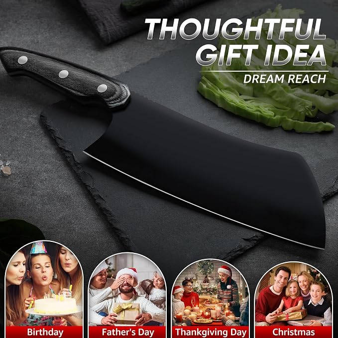 Dream Reach Meat Cleaver Knife- Full Tang Hand Forged Black Butcher Knife for Kitchen BBQ, Birthday Mother Father Gift