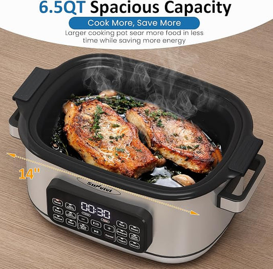 12-in-1 Multicooker, 6.5QT Slow Cooker Roaster Oven, Digital Programmable Multi Functional Pot with Timer, Temp Control, Delay Start, Glass Lid, Removable Nonstick Pot & Roast/Steam Rack