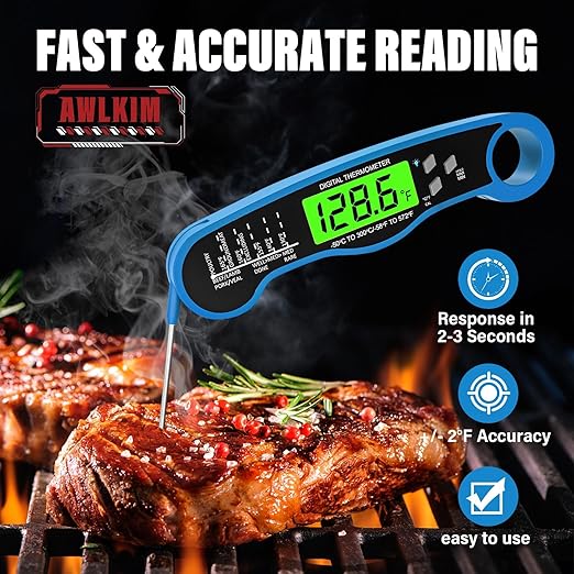 Fast Instant Read Meat Thermometer with Backlight - Waterproof Digital Food Probe for Grilling, Cooking, Baking & Candy Making - Kitchen & BBQ Essential(Blue)