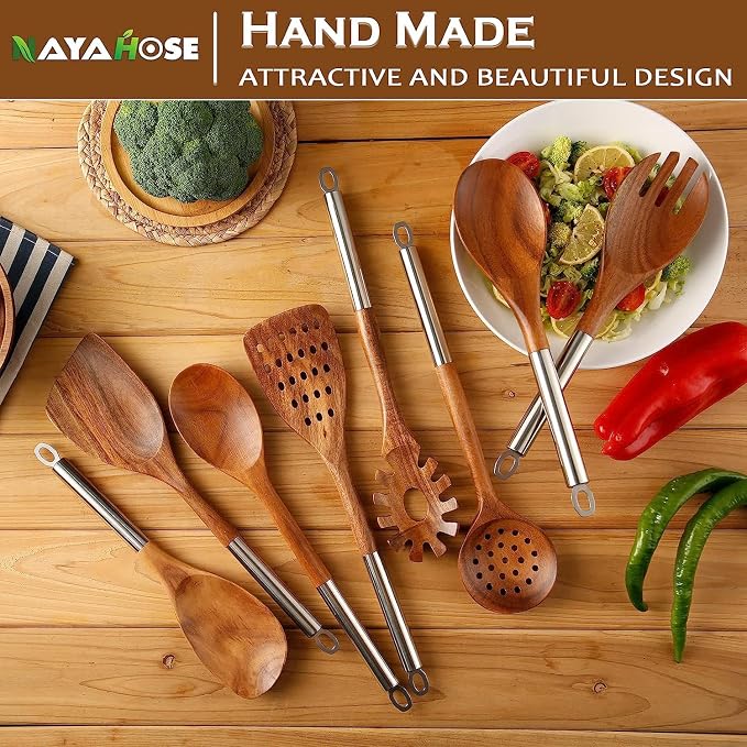 Wooden Spoons for Cooking with Utensils Holder, 10-Pieces Natural Acacia Wooden Utensil Set with Stainless Handle, Non-Stick, Wooden Cooking Spurtle Set for Mom, Wife Cookware Gifts