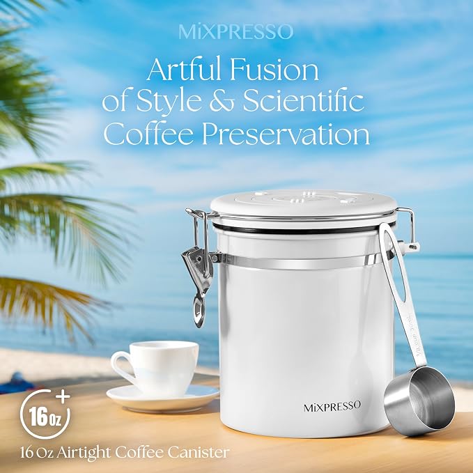Mixpresso White 16 Oz Stainless Steel Coffee Canister with Scoop – Airtight Coffee Container with CO2 Valve for Bean Storage, Date Tracker Lid