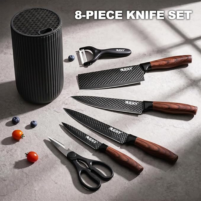Knife Set, 8 Pieces Kitchen knife Set with Healthy Anti-Rust Coating, Stainless Steel Professional Chef Knife Set with Block, Sharp Kitchen Knives Set with Block for Home Cooking, Dishwasher Safe