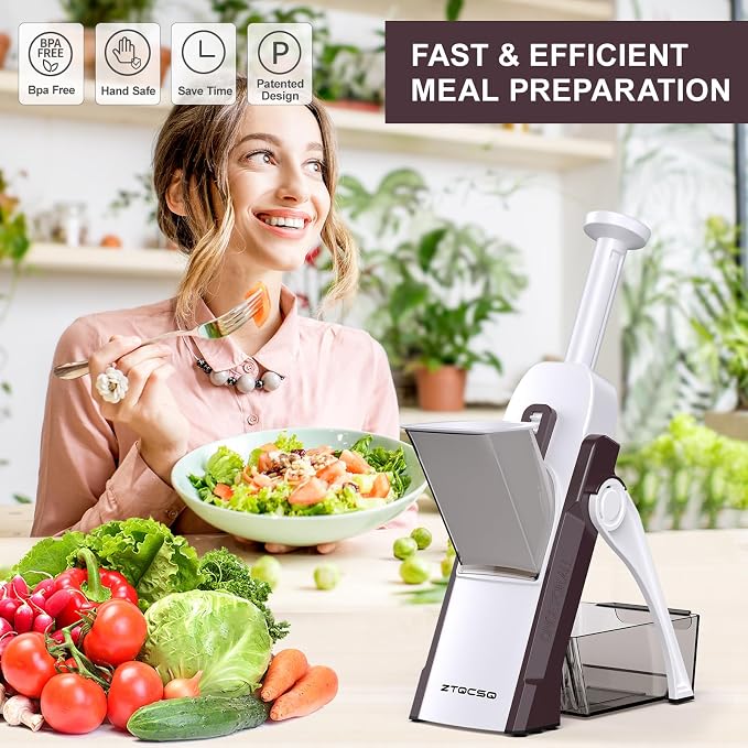 5 in 1 Safe Mandoline Slicer for Kitchen, Safe Vegetable Chopper with Paring Knife, Adjustable Thickness, Easy to Clean, Vegetable Slicer, Slicing, Strips, Shredding, Dicing, Chop (Brown)