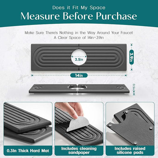 eormoe Diatomite Kitchen Faucet Mat - 14Inch Water Absorbing Stone Tray for Sink, Stone Fast-Drying Faucet Mat for Kitchen Counter Sink Accessories (Dark Grey, 14'' x 3.9'')
