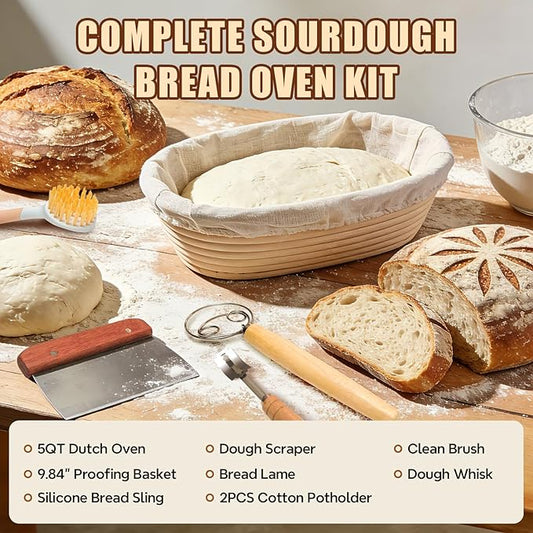 Enameled Cast Iron Dutch Oven for Bread Baking - incl. Sourdough Bread-Baking Supplies like Banneton Bread-Proofing Basket - 5QT Loaf Cast Iron Bread Oven Pan& Meatloaf Pan with Lid, Sour Sough Tools, Lame (Cream White)