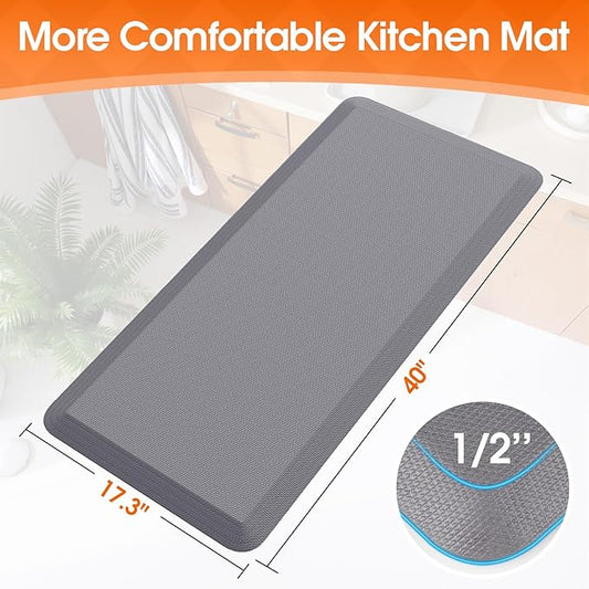 TranquilRelax Kitchen Mat, Cushioned Thick Floor Comfort Mat, with Non-Slip Bottom, Waterproof & Stain Resistant & Easy Clean, Standing Desk Mat for Kitchen, Sink, Office (17.3''x39'', Grey)